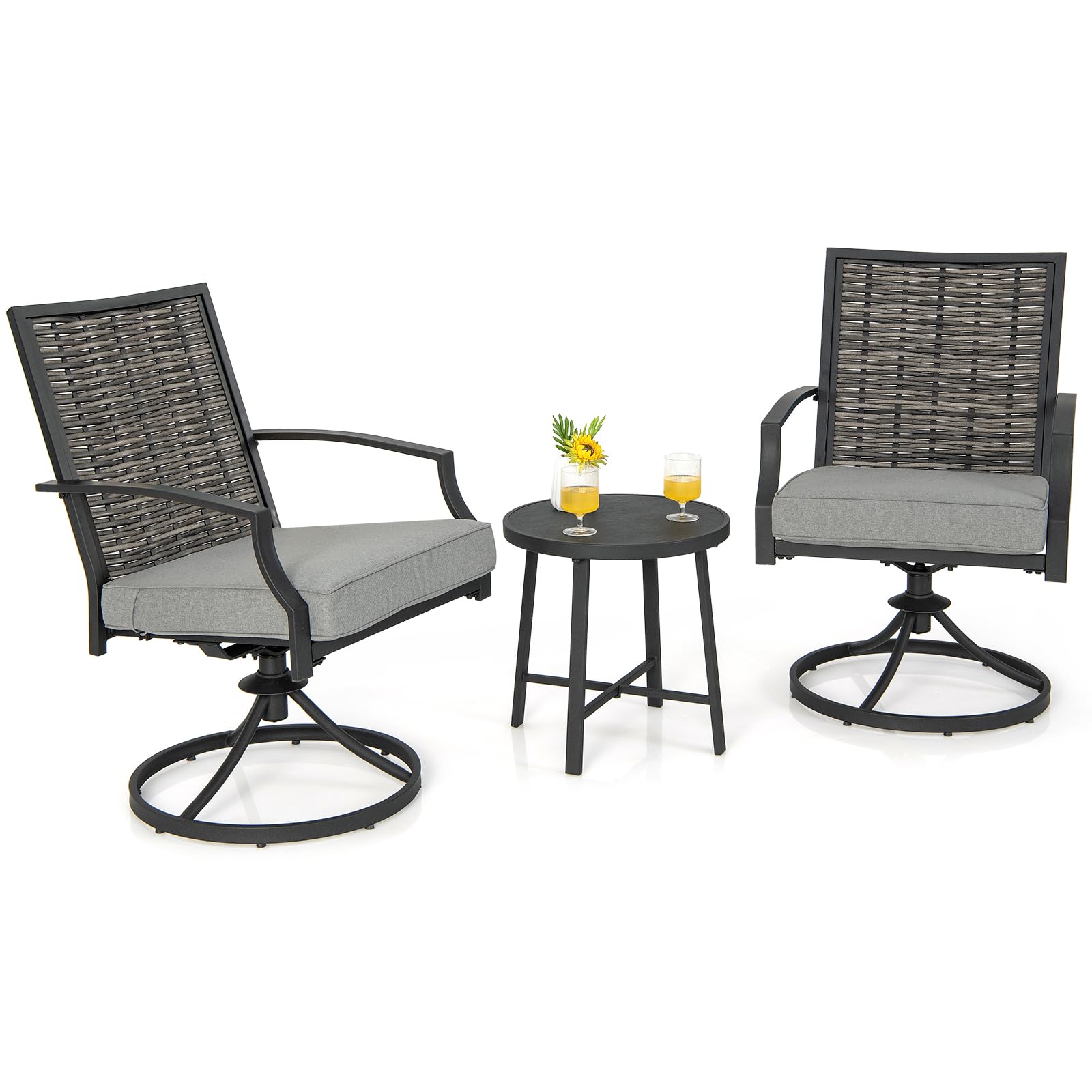 Tangkula 3 Piece Patio Swivel Chair Set, Wicker Swivel Chairs